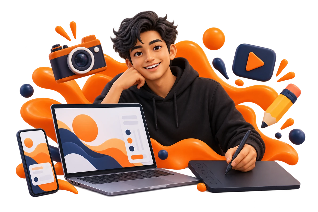 Ilustrasi desainer Boosterstudio bersama laptop dan perangkat kreatif